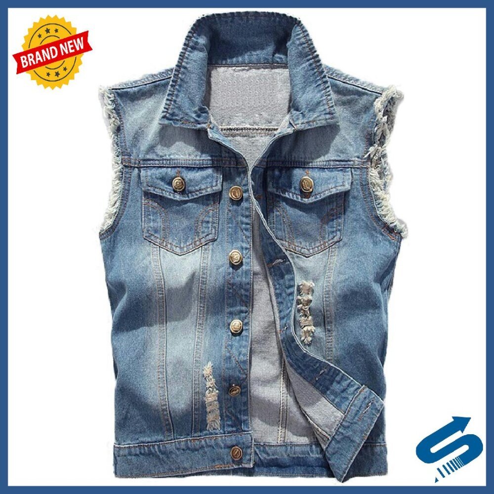 Men's Slim Fit Denim Vest Lapel Collar Vintage Ripped Sleeveless Jacket